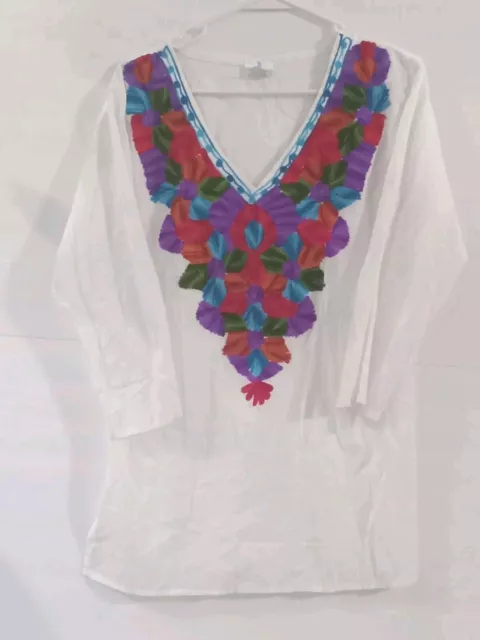 Mexican White Cotton RADHE Floral Embroidered Tunic Shirt SZ S BOHO Import Long