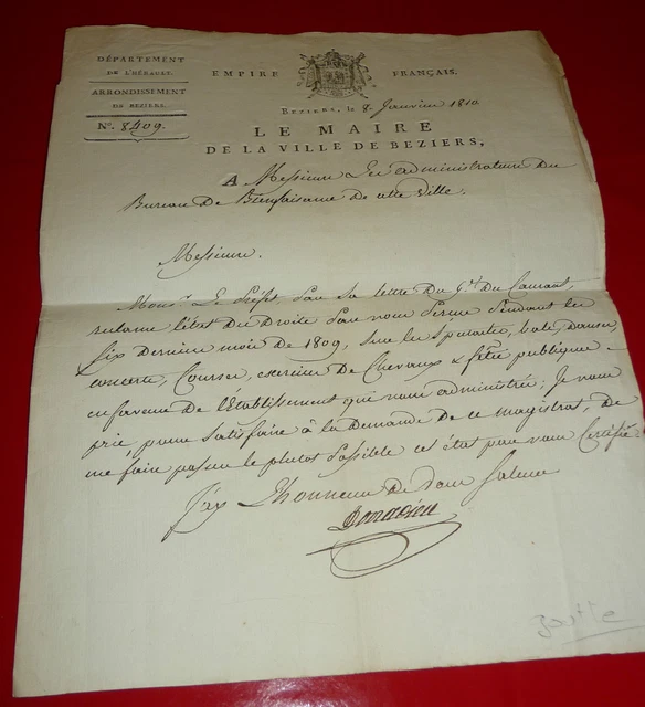 1810 le maire de beziers donadieu lettre au bureau de bienfaisance
