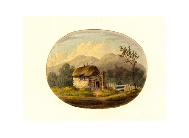 Thatched Bothy Cottage with Resting Figure – mid-19th-century watercolour