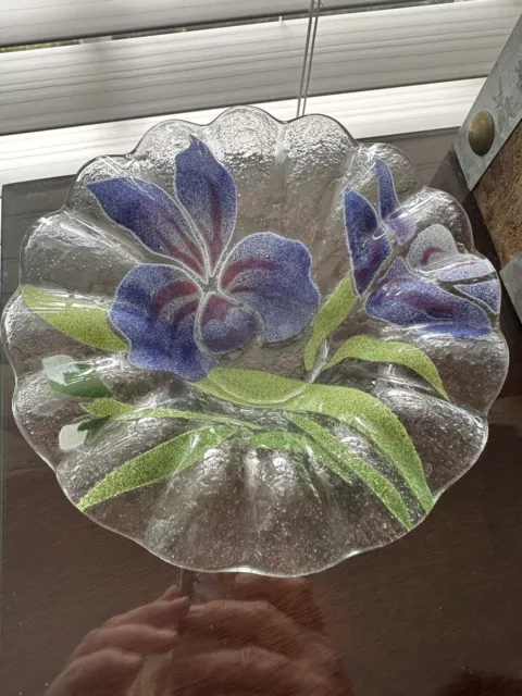 Sydenstricker Fused Glass Bowls 6 3/4" Floral Iris, Blue,purple And Green 2