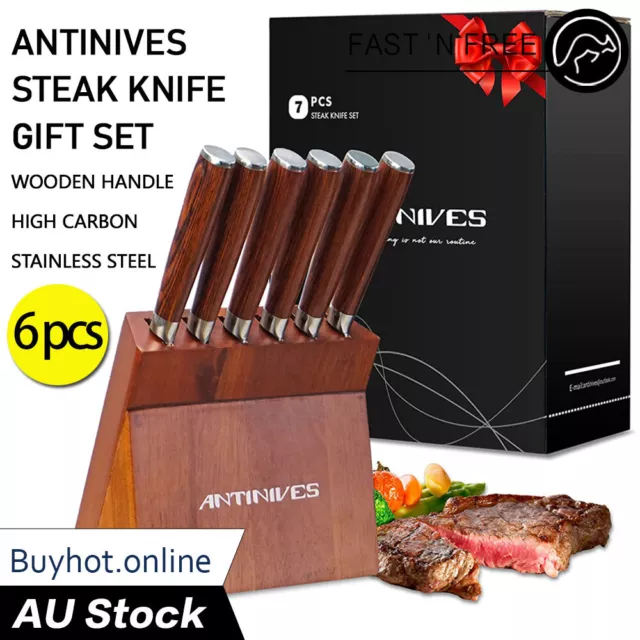 ANTINIVES Kitchen 6 Pcs Knife Set with Block Serrated Steak Knife Wooden Handle