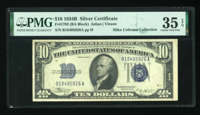 DBR 1934-B $10 Silver Vinson Fr. 1703 PMG 35 EPQ Serial B18495926A