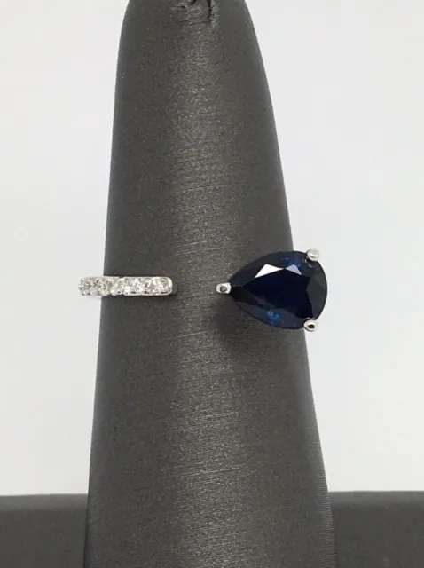 14K Solid White Gold Natural Diamond and Pear Shape Sapphire Open Style Ring