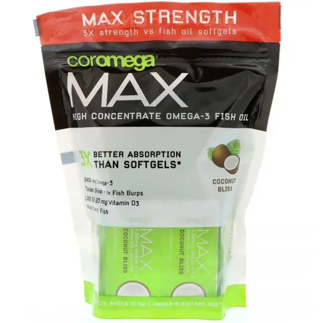 Coromega, Max, High Concentrate Omega-3 Fish Oil, Coconut Bliss, 60 Squeeze Shot