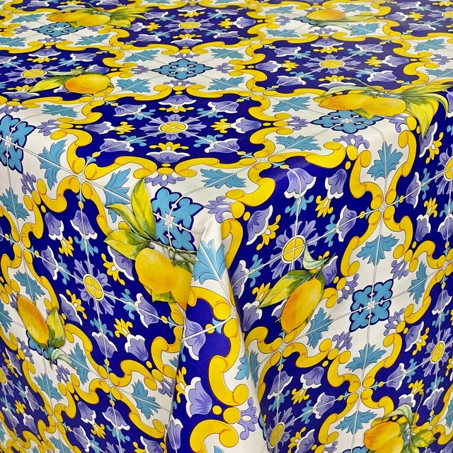 Mantel Hule Mosaico Azulejos Azul Amarillo 06213-03 Ovalado Rectangular Redondo