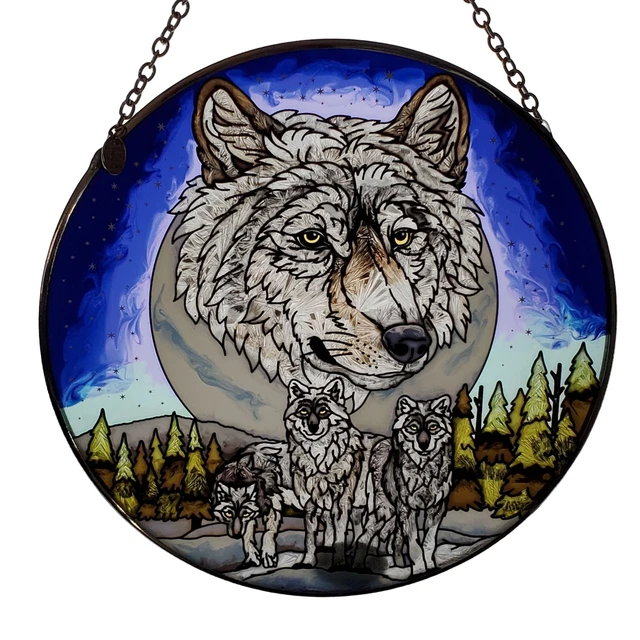 Amia Hand Painted Wolf Wolves Window Suncatcher Faux Stained Glass Round 6.5"