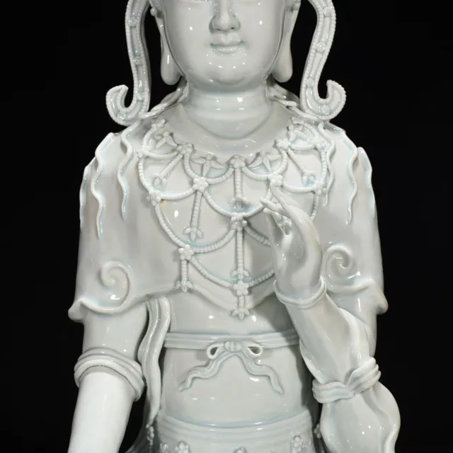 16.9" China Porcelain song dynasty hutian kiln cyan glaze guanyin Buddha statue 3
