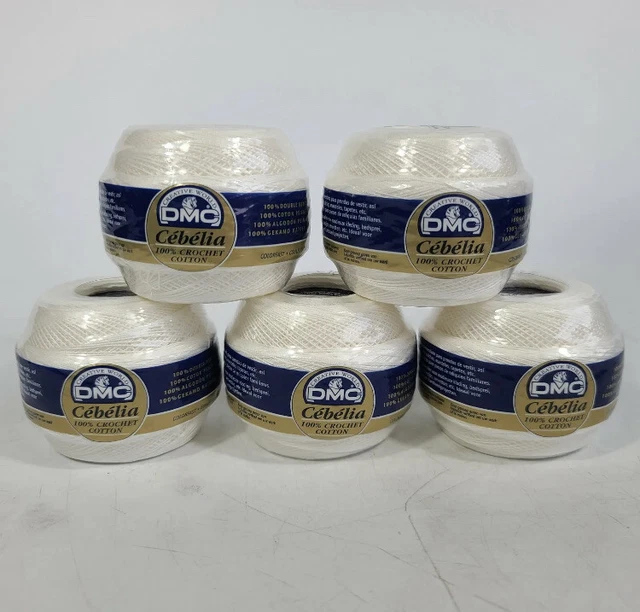 Lote de 5 bolas DMC Cebelia 100% algodón crochet talla 30 blanco blanco blanco 50 gramos