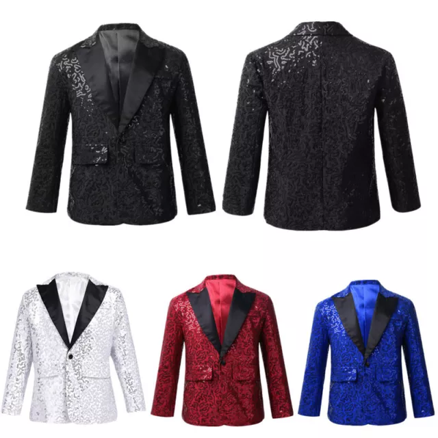 Kids Boys Wedding Party Suit Shiny Sequin Blazer Gentleman Tuxedo Coat Jacket