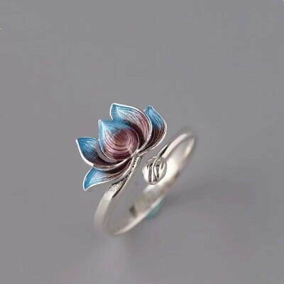 Retro Blue Lotus Silver Plated Rings Open Rings Size Adjustable Women Jewelry