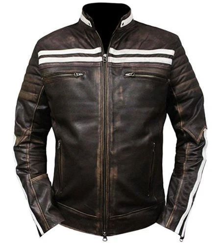 Men's Vintage Motorcycle Cafe Racer Biker Retro Moto Distressed Leather Jacket