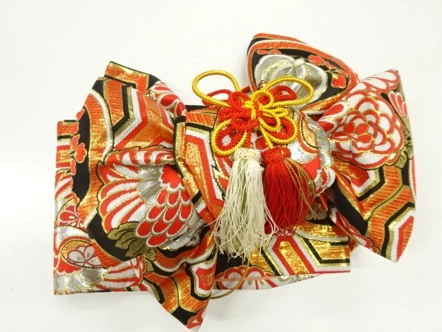 42266# Japanese Kimono / Ribbon Tsukuri Obi For Girls / Woven Flowers With Crane