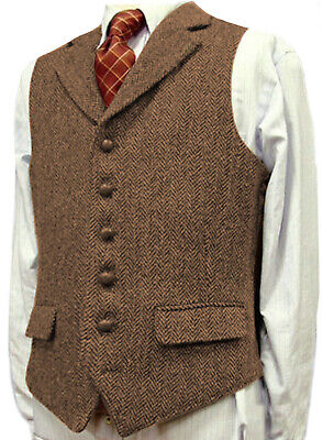 Brown Mens Vest Notch lapel Herringbone Tweed Waistcoat Tuxedo Vintage Retro 3XL