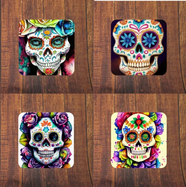 Day of the dead Sugar Skulls set 4 Coasters - Great Gift -Assorted Tattoo Design