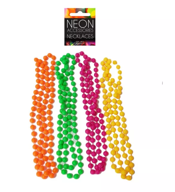 4 x NEON BEAD NECKLACES 80s Costume Halloween Accessory Fancy Dress Gay Party