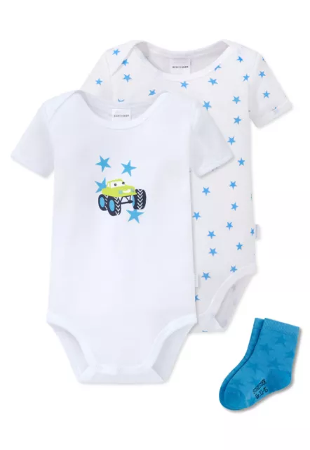 Schiesser Set 2er Pack Baby Body Jungen halbarm + 1 Paar Socken Geschenk NEU