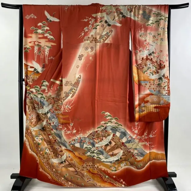 Japanese Kimono Furisode Pure Silk Crane Gold Thread Gold Paint Dark Pink