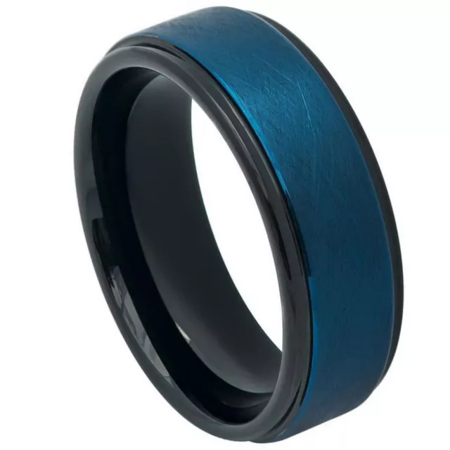 Tungsten Ring Blue Tone IP Plated Wire Brushed Finished Center High Polished