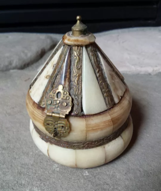 Antique Hand Made Bone W Brass Accents Hinged Case Primitive Turned Box