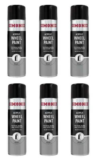 6 x Simoniz Spray Automotive Paint Aerosols Large 500ml - 5 WHEEL SILVER