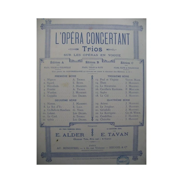 MASSENET Jules Manon Trio Piano Violon Violoncelle 1894