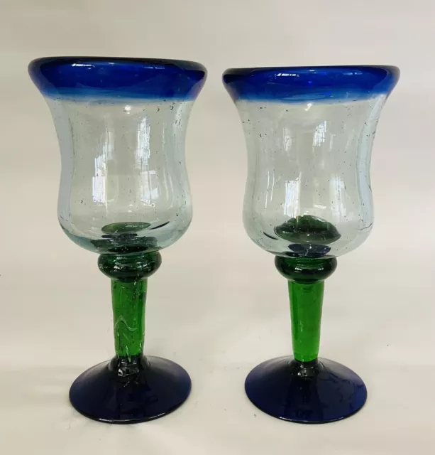 Vintage Hand blown Recycled Cobalt Rim Green Stem Mexican Margarita Glasses X2