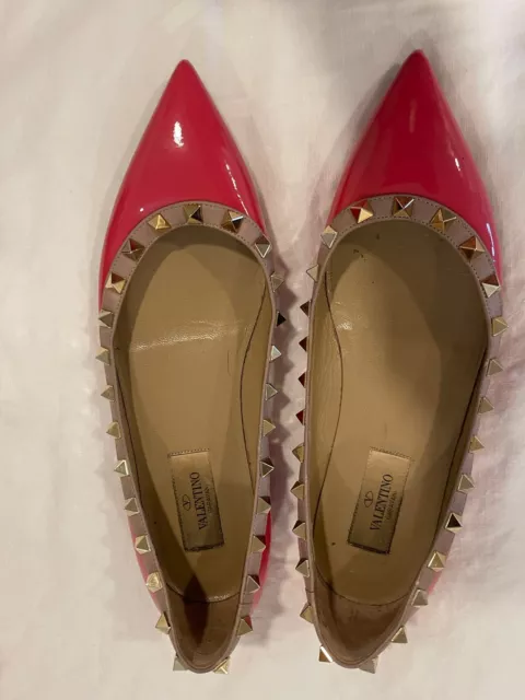 VALENTINO Garavani Pink Patent Leather Rockstud Ballet Flats Shoes Sz 36.5  $745