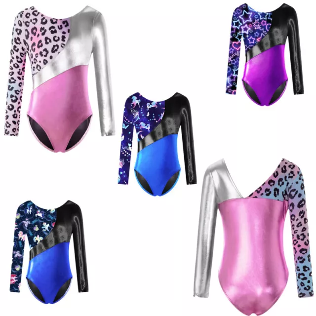 Kids Girls Gymnastic Leotard Shiny Long Sleeve Unitard Ballet Bodysuit Dancewear