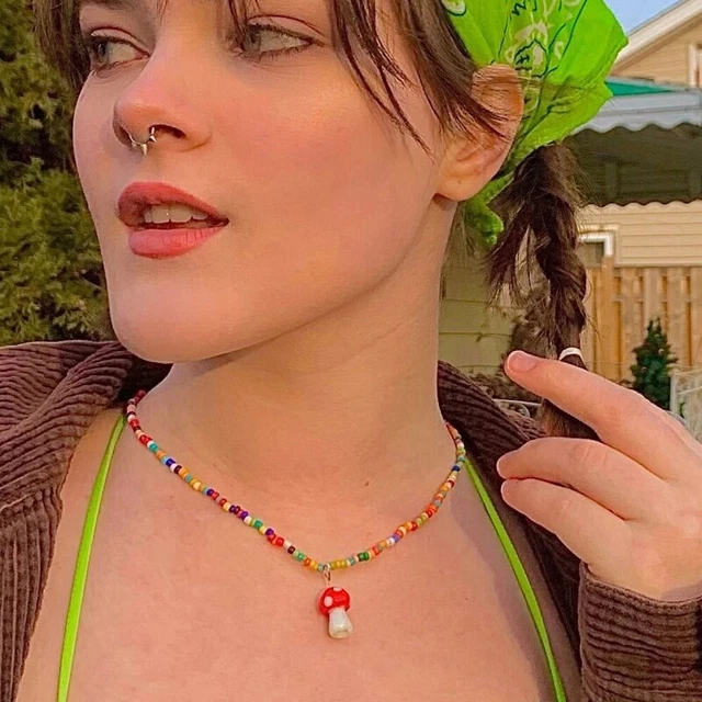 Dainty Chain Mushroom Choker Necklace Jewelry Gifts Handmade Bead Chain Ornament