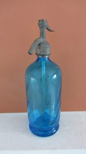 Siphon eau de seltz ancien Bleu BEUVRY , H : 31cm. PHARMACIEN DECOUVELAERE.