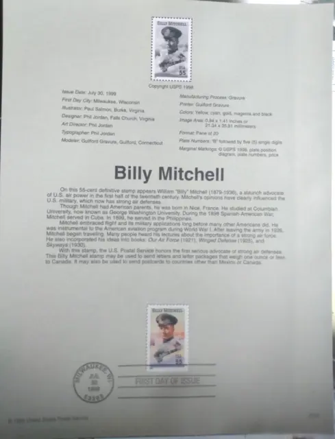 AVIATION WW1 ACE BILLY MITCHELL  AIR FORCE ADVOCATE USPS FD Souvenir Page 1999