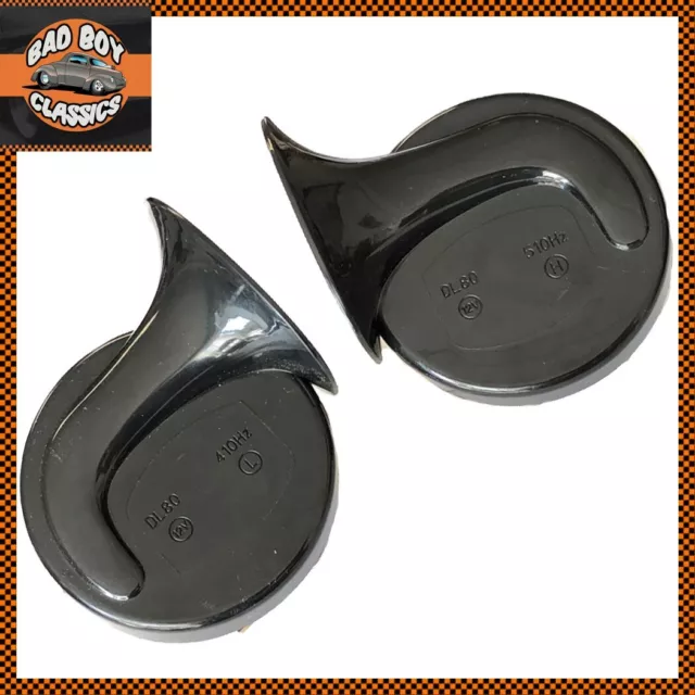Pair 12v Twin Black Snail Horns High / Low Tone Universal MG, Mini, Triumph, Jag