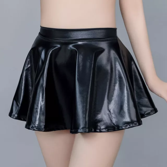 Women Shiny PU Leather Pleated Flared Micro Mini Skirt Wet Look Party Club Dress