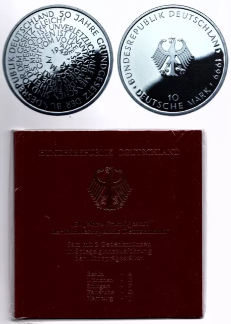 10 DM  1999 - 50 Jahre Grundgesetz - 5'er Set A - J /  925'er Silber Spiegelgl.