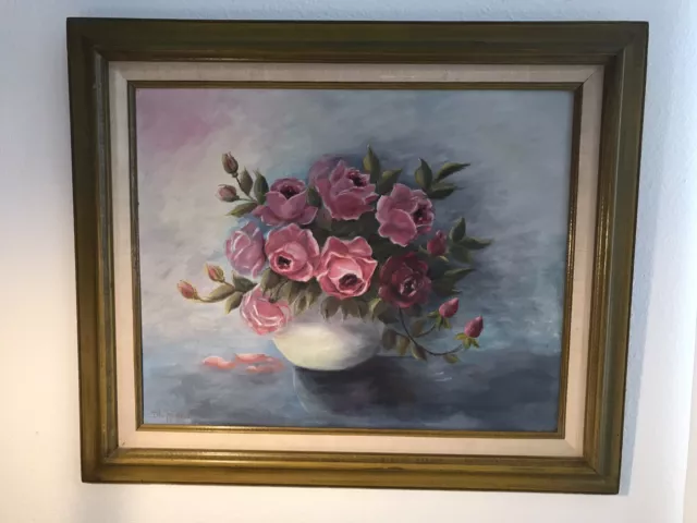 Vintage Original Oil Painting Framed Still Life Flowers Vase Signed Blue Pink