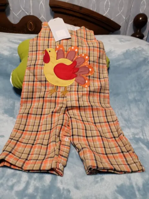 Lil Cactus Baby Boy Plaid Thanksgiving Turkey  Overalls Size 3-6 Months NEW