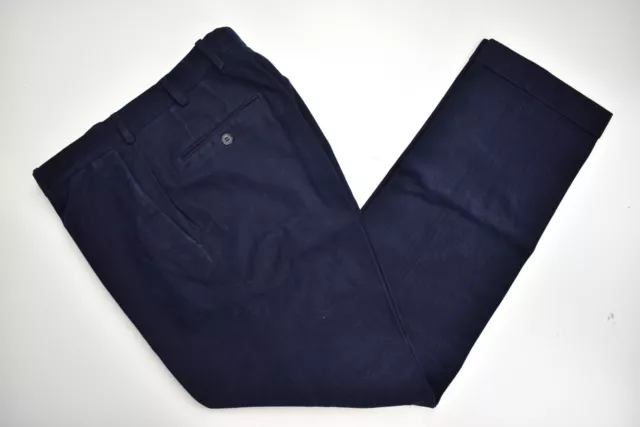 Luigi Bianchi Mantova Solid Navy Blue Cotton Flat Front Trousers Size: 32x31