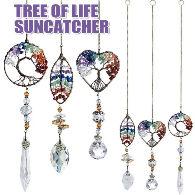 Hanging Crystal Suncatcher Life Tree Stone Beads Prism Pendant Window Decor