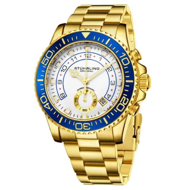 Stuhrling Men's Chronograph Diver 10 ATM White Dial Gold Bracelet Sport Watch