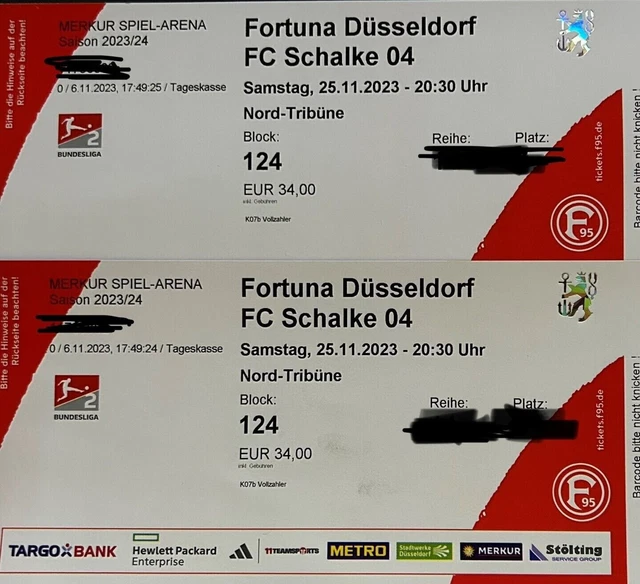 2X TICKETS FORTUNA Düsseldorf FC Schalke 04 (Gästebereich) 25.11.2023 EUR 268,04 PicClick DE