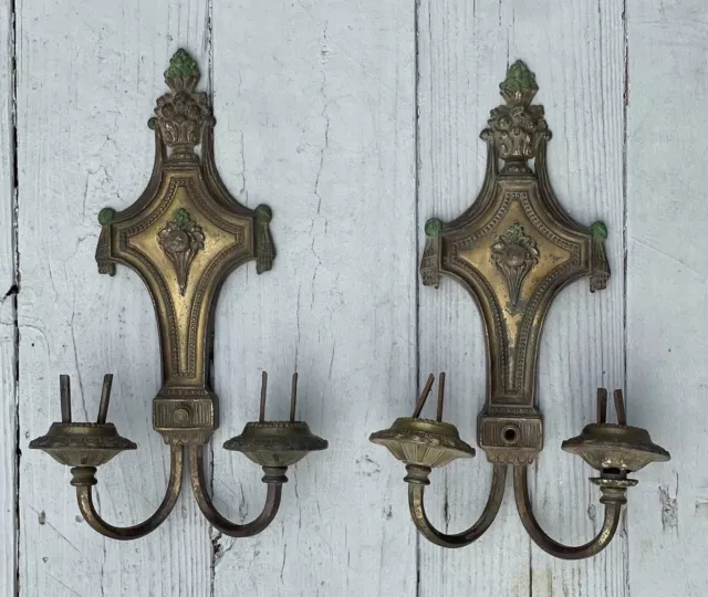 Pair of Antique Victorian Gilt Brass Wall Sconces 19th C. Bouquet Architectural