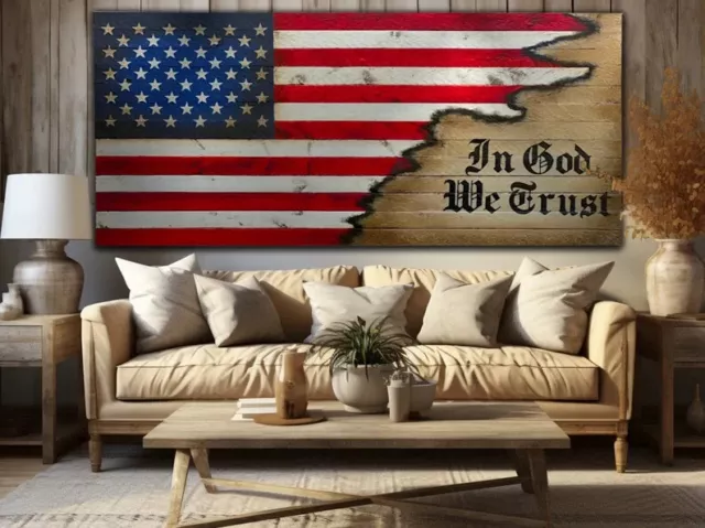 American Flag - Wood Flag - In God We Trust - Rustic Flag size 19x36 inch
