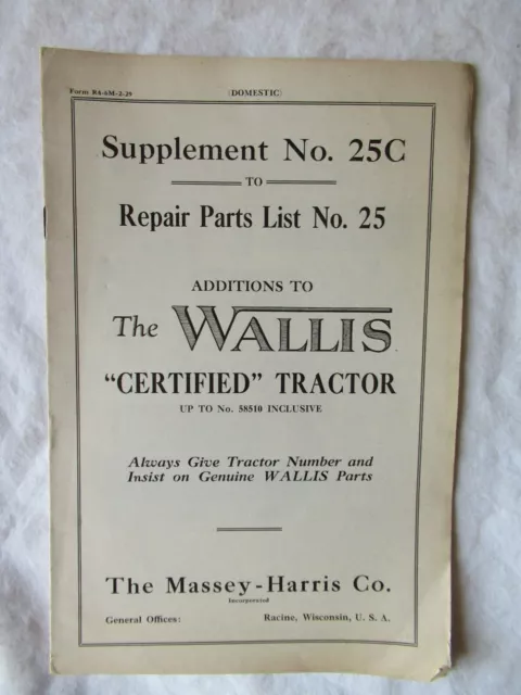 Massey-Harris Wallis Tractor Supplement No. 25C Repair Parts Catalog Manual