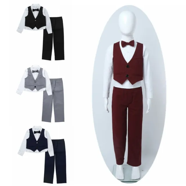 Kid Boys Party Formal Suit Bow Tie Shirt Pant Vest Set Toddler Gentleman Outfits