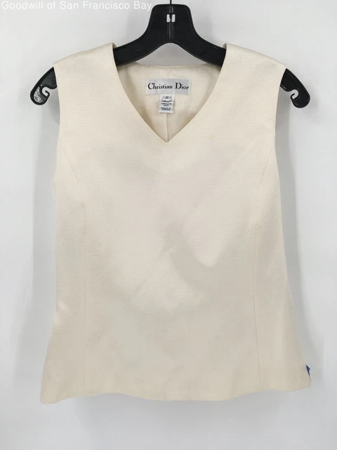 Christian Dior Womens Blouse Ivory Ribbed Knit V Neck Sleeveless USA 2 COA