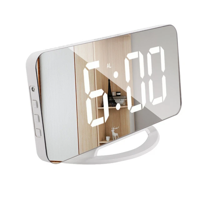 Digital Alarm Clock LED Display Portable USB Charging Mirror Dimming Clock NEW