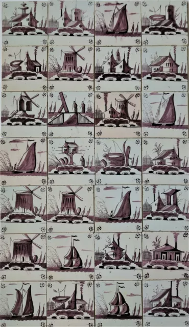 28 SUPERB Dutch Delftware Delft faience tile carreaux sailboats, windmills etc.