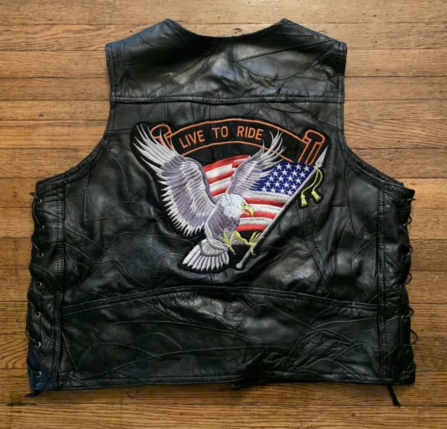 Men's Black Genuine Leather Motorcycle Biker Vest Live To Ride Eagle USA 3XL