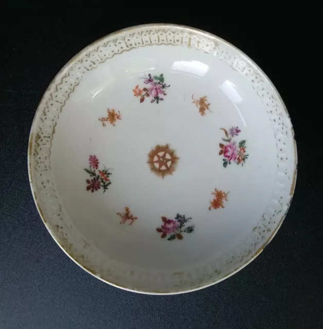 Antique Chinese Saucer Qianlong Hand Painted Flowers 18th Century 12cm wide