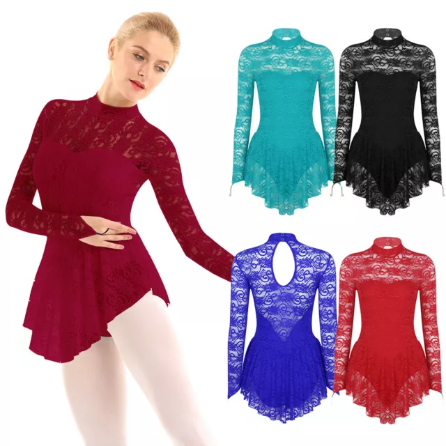 Robe de patinage artistique pour femmes manches longues dentelle robe de ballet robe de danse costume de gymnastique